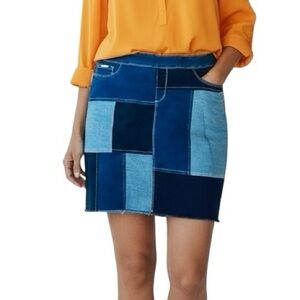 Coco + Carmen OMG O-Mazing Patchwork Denim Skirt Blue Distressed Stretch XL NWOT